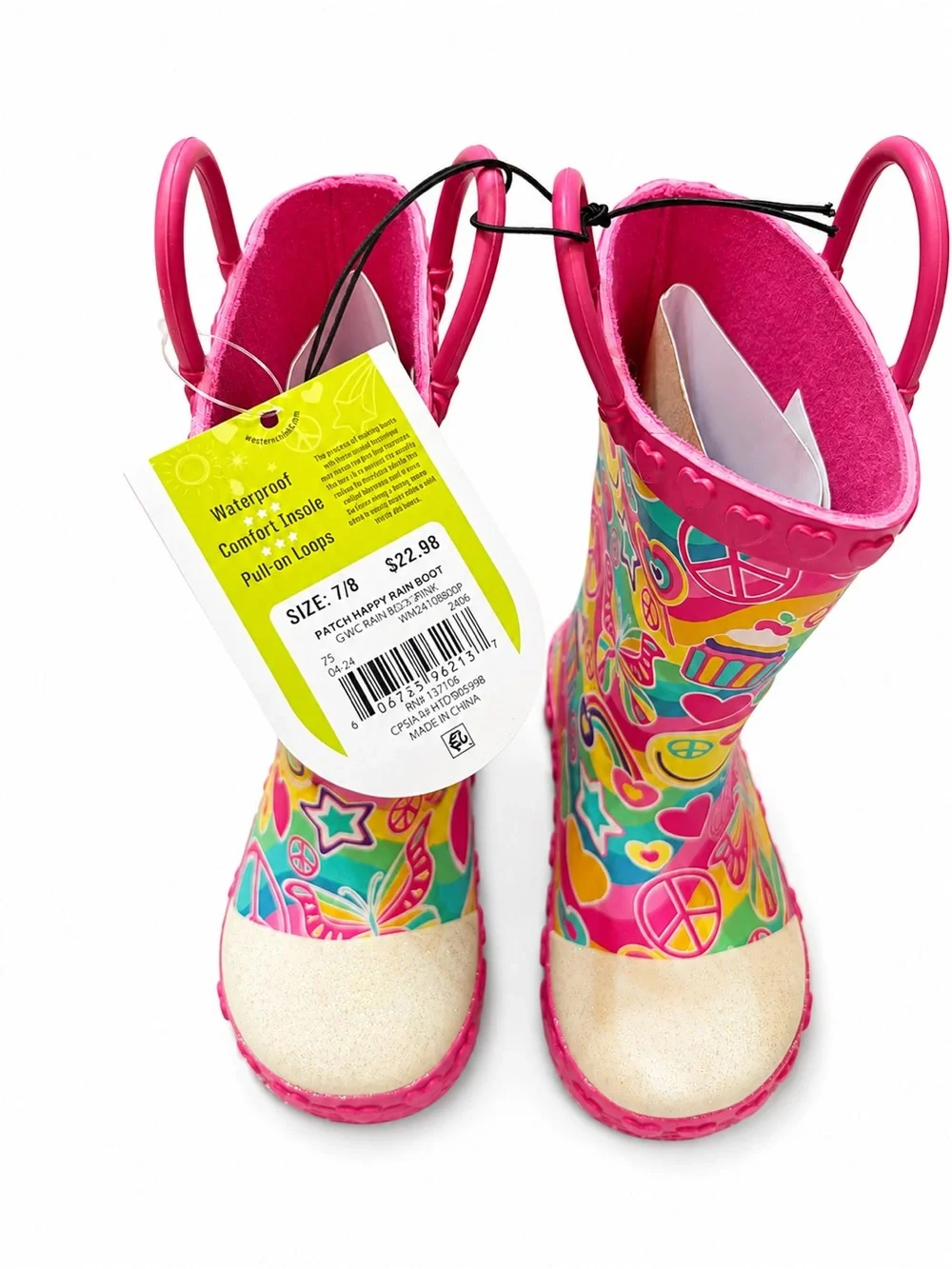 Western Chief Pink Multicolor Peace & Hearts Kids Rain Boots Size 7/8